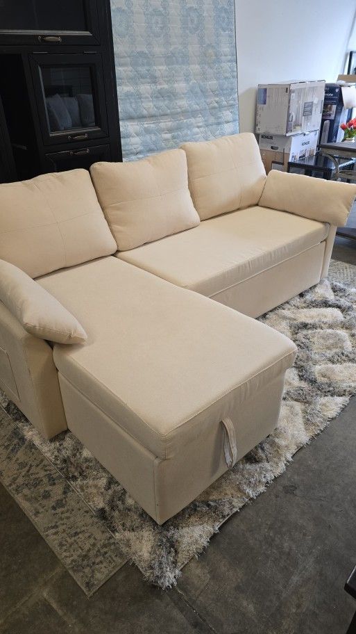 Beige Pull Out Sleeper Sectional With Hidden Storage 