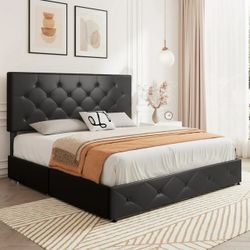 Faux Leather Storage Platform Bed Frame, King Size Bed Frame with 4 Drawers, Upholstered with Adjustable Headboard, Black 