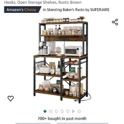 SUPERJARE Bakers Rack With Power Outlet, 35.4 Inches Coffee Bar With Wire Basket, Kitchen Microwave Stand With 6 S-Shaped Hooks, Open Storage Shelves,