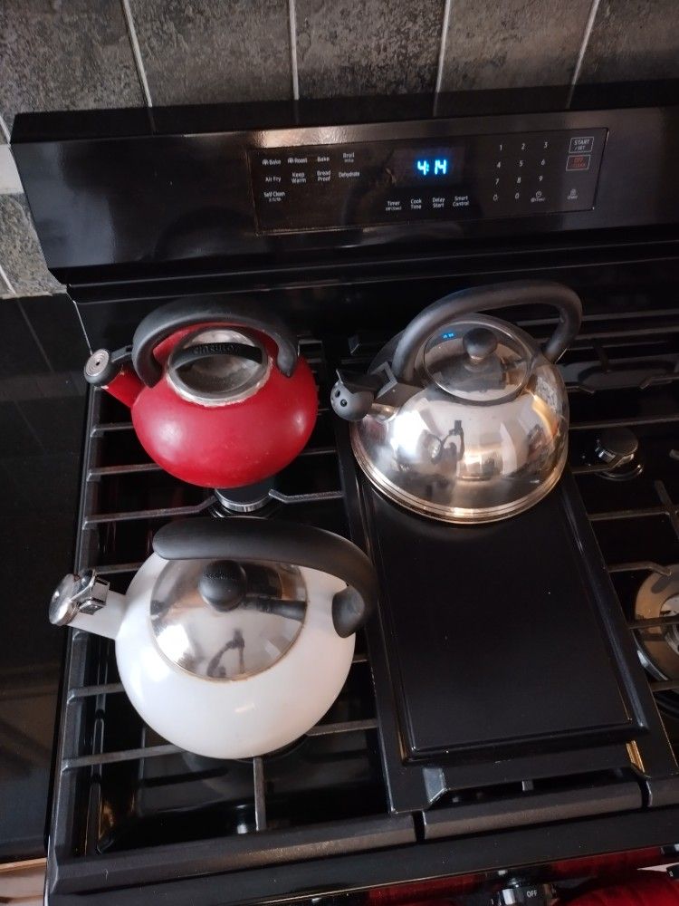 3 Tea Kettles (Red/White/Silver) 10 Dollars Each 