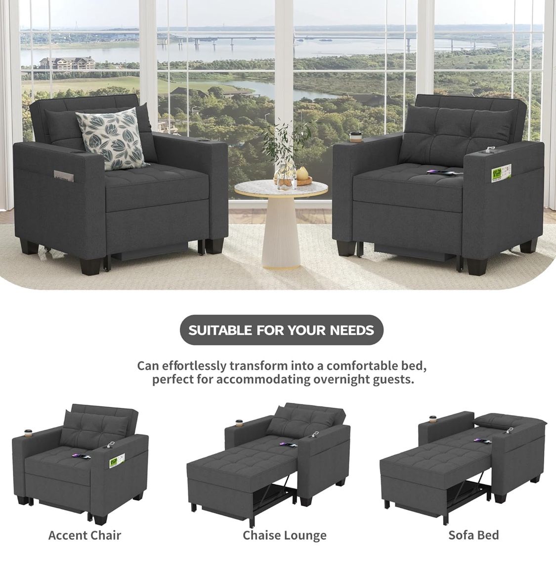 DURASPACE 39" Futon Chair Bed Convertible Chair 3-in-1 Pull Out Sleeper Reading Chair Beds with USB, Armchair Sleeper Bed for Living Room, Dorm, Small