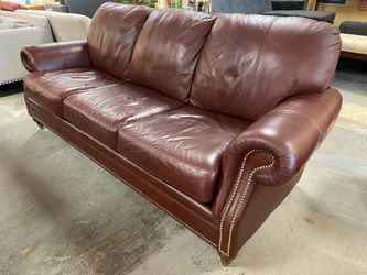 ETHAN ALLEN Cognac Leather Roll Arm Sofa w/ Nailhead Trim