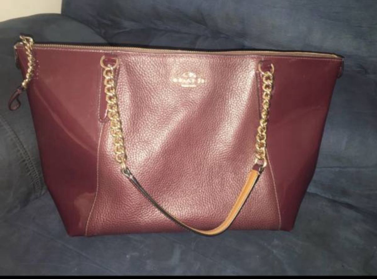 COACH PURSE- Burgundy, leather/patent leather coach purse with gold chain straps