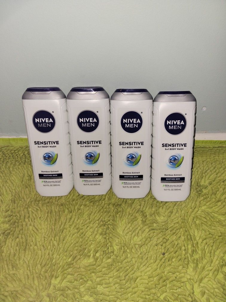 4 Nivea Men Sensitive 3in1 Body Wash Bamboo Extract Soothes Skin 16.9oz