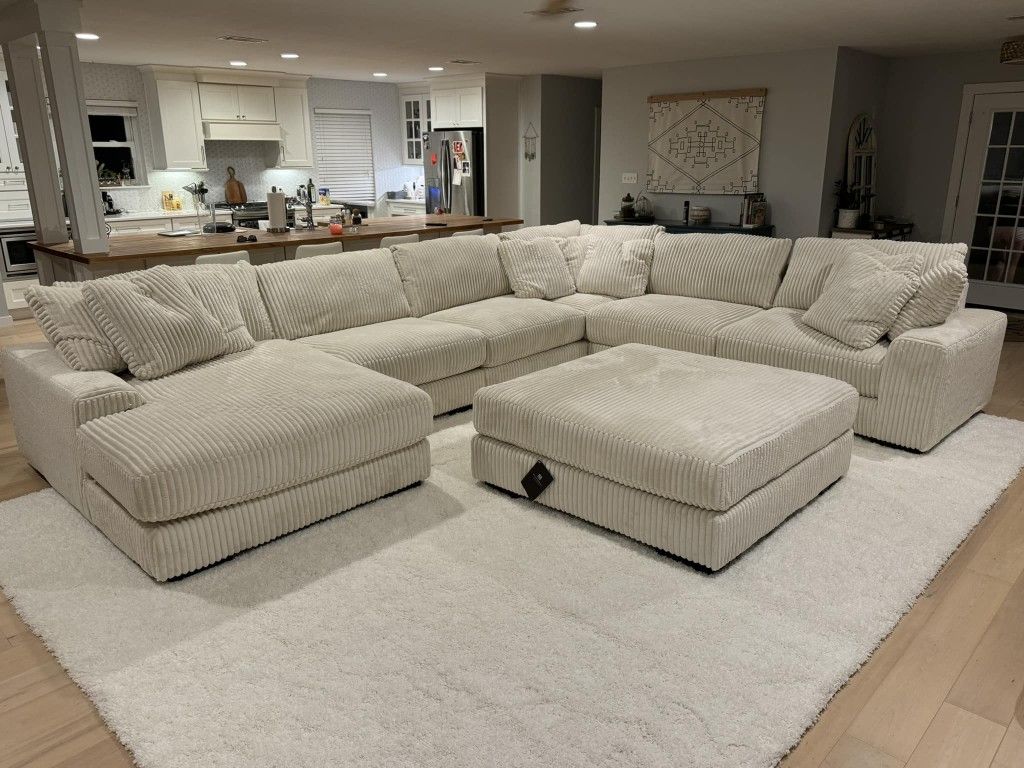 Ivory Color Extra Fluffy Corduroy Sectional Couch Set 🌟 Black, Brown, Gray Color Available ⭐$39 Down Payment with Financing ⭐ 90 Days same as cash