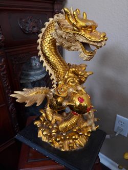 Gold Chinese Dragon Statue with Pearl