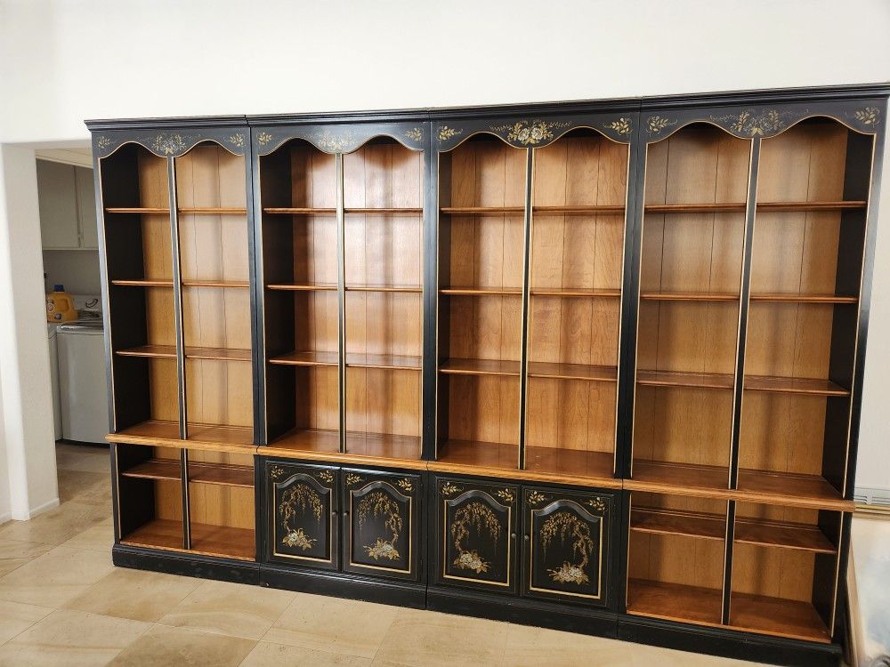 Ethan Allen Black Lacquer Maple Library Bookcases