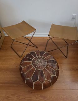 Genuine Leather Chairs and Moroccan Pouf – Set of 3