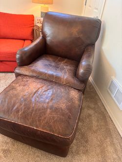 Brown Leather Armchair with Ottoman