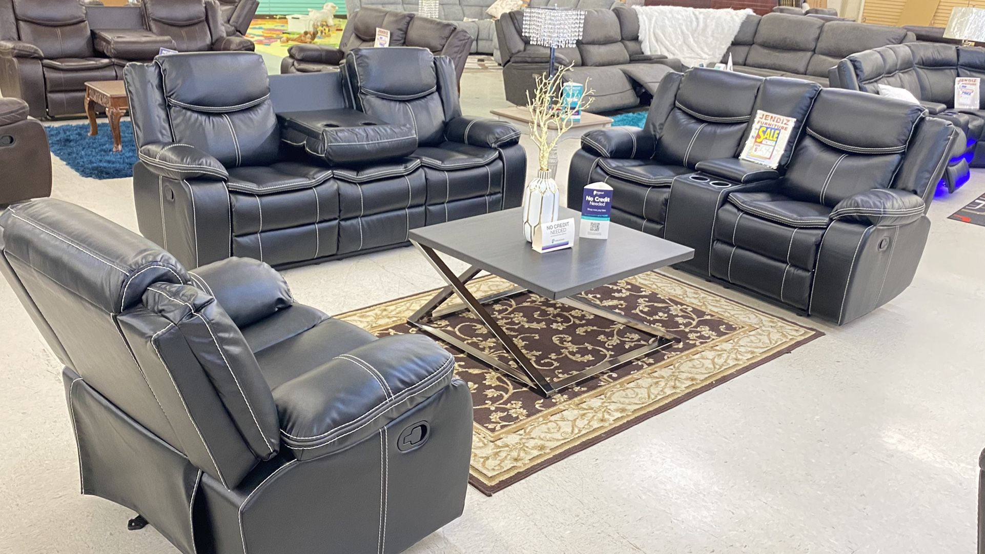 Brand New Black Leather Manual Reclining Sofa Set . $39 Down Payment Foe No Credit Check Financing . We Do Same Day Delivery