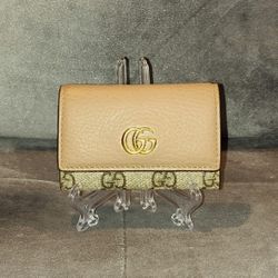 GUCCI GG MARMONT BI-COLOR KEY WALLET / KEY HOLDER PINK LEATHER & MONOGRAM SUPREME CANVAS MADE IN ITALY 