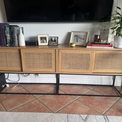 2 Modern Wood & Cane Media Console / Storage Cabinets