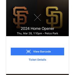 Single Opening Day March 28 Thursday San Diego Padres Vs San Francisco Giants Sf  Toyota Terrace Section 220