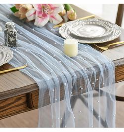 3 pearl blue gauze table runners NEW
