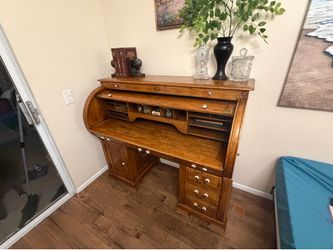 70’s Vintage Oak Roll-Top Desk with White knobs.