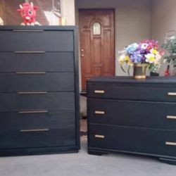 6 Drawer Upright Dresser With 3 Drawer Dresser - All Solid Wood - Black With Gold 