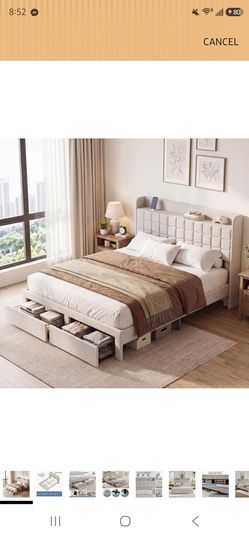 DUMOS Queen Size Upholstered Platform Bed Frame, Queen Bed with Storage Drawers and Fabric Headboard, Wooden Slats Support, 882 lbs Weight Capacity, N