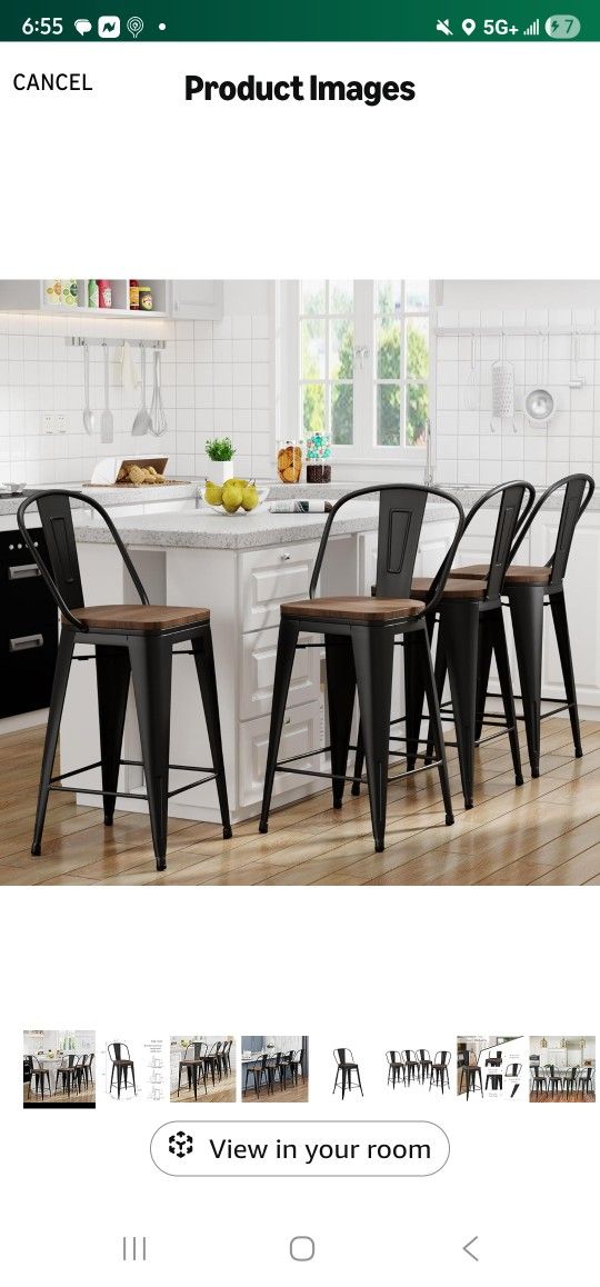 Yongqiang 26 inch Bar Stools Set of 4 High Back Metal Kitchen Counter Height Bar Chairs Barstools with Large Wooden Seat Industrial Matte Black