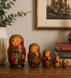 Vintage Russian Matryoshka Nesting Dolls – Hand Painted 5-Piece Set by Sergiev Posad Artist