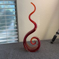 Hand Blown Red & Amber Art Glass Spiral Sculpture 15"