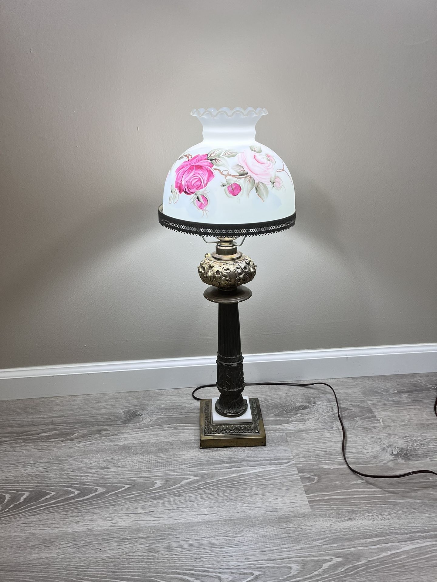 Antique Ticky Baniak Handpainted Floral Pink Roses Scalloped White Ceramic Brass Lamp Shade
