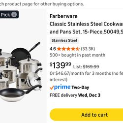 Farberware Classic Stainless Steel Cookware Pots and Pans Set-Juego de ollas (15 PIECE)