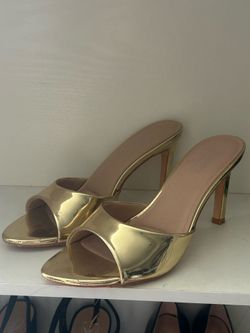 Gold open toe slip on mule heels