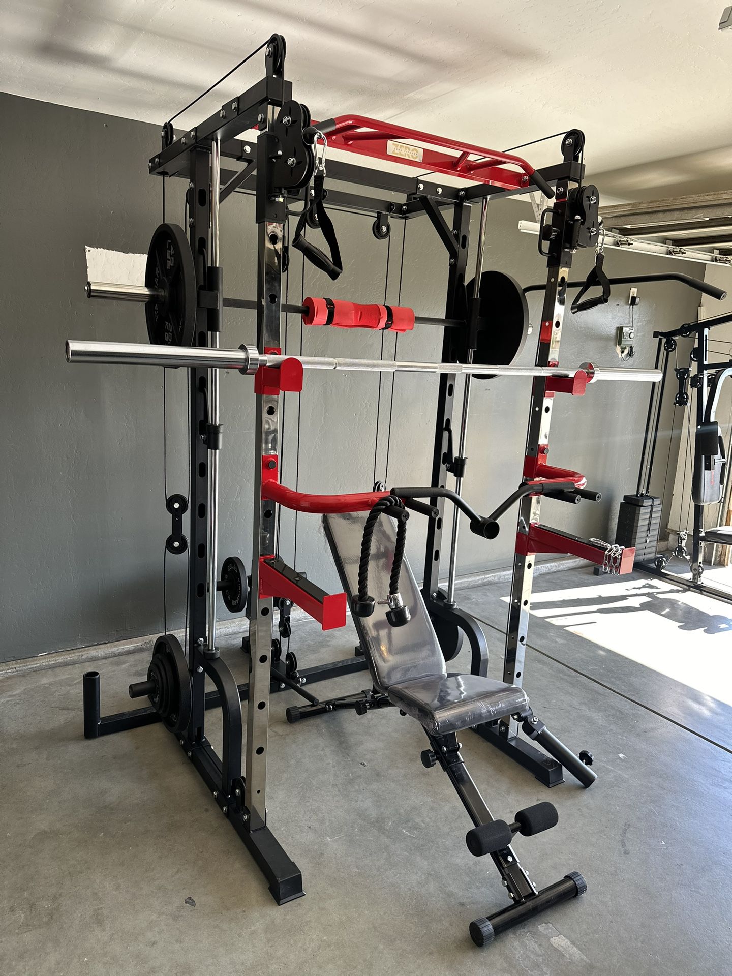 Smith Machine 100 | Adjustable Bench | 245lb Cast Iron Olympic Weights | 7ft Olympic Bar | Fitness | Gym Equipment | FREE DELIVERY 🚚 