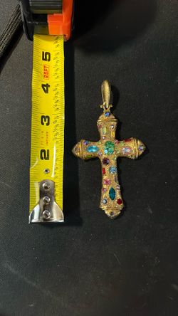 Black Friday $100 Antique Gold-Plated Sterling Silver Gemstone Byzantine Cross Pendant