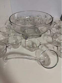 Vintage Clear Glass Punch Bowl Set with Matching Cups - Retro Entertaining $99