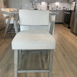 Set Of 4 Counter Height Stools Upholstered in Modern Ivory Linen Fabric