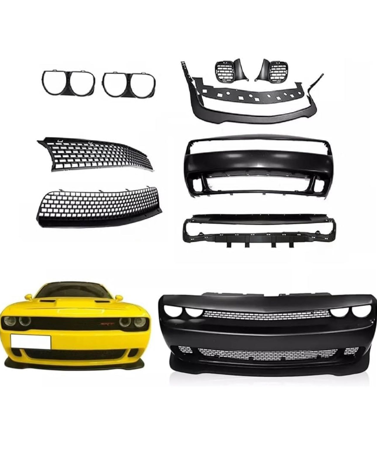 Full Front Bumper Cover w/Grille & Lip Hellcat Style Compatible with 2015-2023 Dodge Challenger