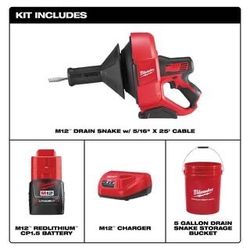 M12 12-V Lithium-Ion Cordless Drain Snake Auger W/ (1) 1.5Ah Battery, 5/16 in. x 25 ft. Cable, Charger, & 5 Gal. Bucket