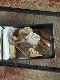 Coach Maddy Sig Sandal | Khaki/Saddle | Size 6.5 | Espadrille Wedge Heels