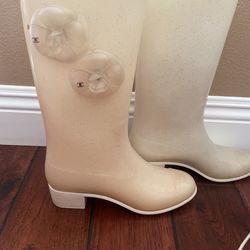 Chanel White With Rose Rain Boots