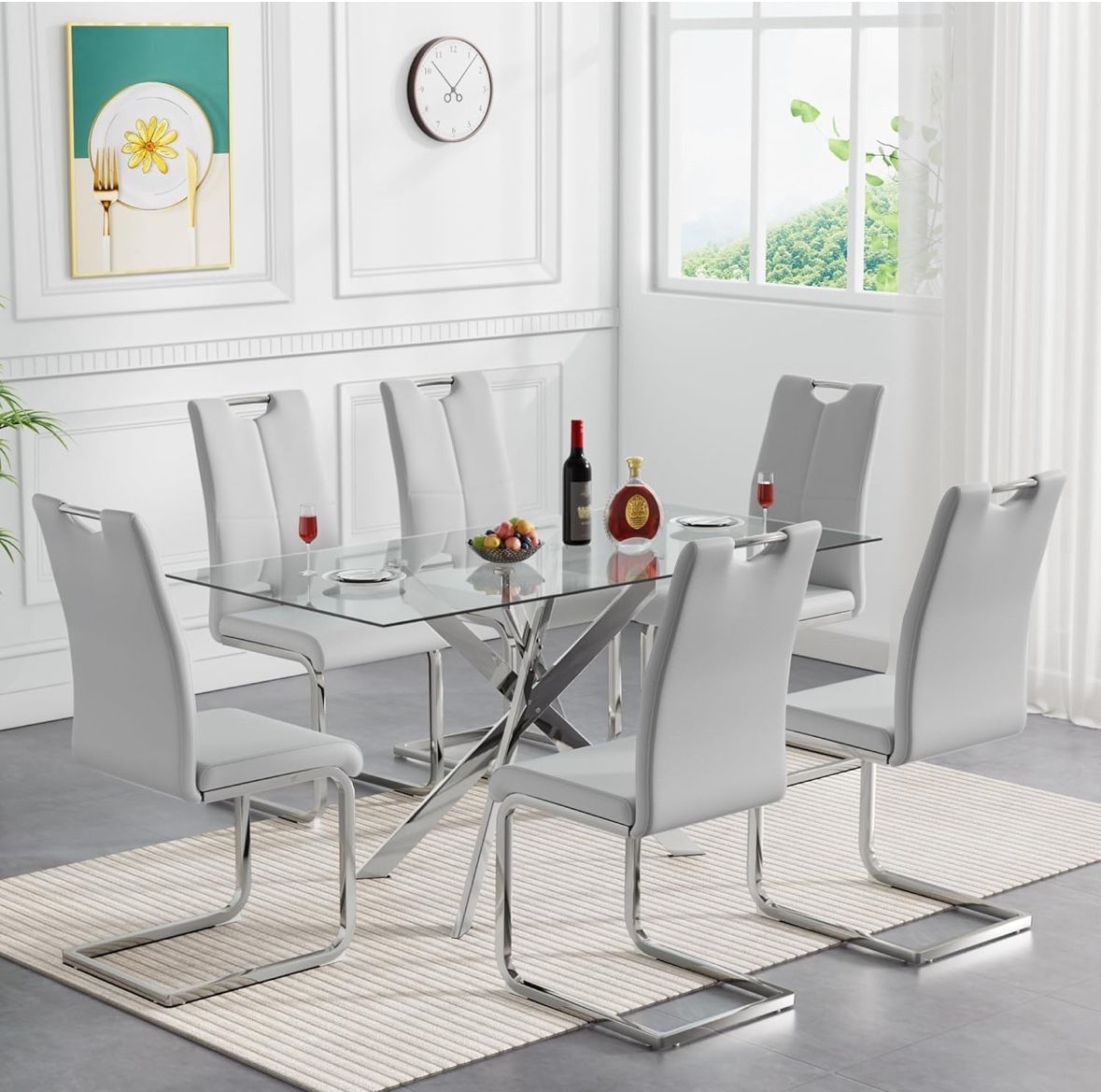 Set Of 6 - Light Grey Faux Leather Chairs With Metal Legs [NEW