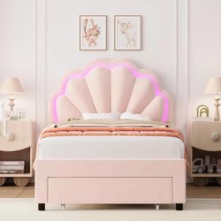 Twin Bed Frame with Storage and LED Lights for Girls, Pink Modern Upholstered LED Bed Frame with Drawer & Chic Double Petal Headboard, Solid Wood Slat