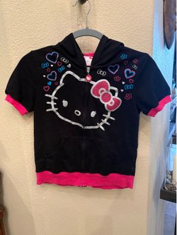 Sanrio Hello Kitty Black Pink Kids Glittery Graphic Zip Hoodie Top Size L(10/12)
