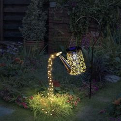 Solar Lights Garden Decor, Solar Watering Can Lights Outdoor Yard Art, Hollowed-Out Design Shower Hanging Lanterns Lights with Bracket for Garden Path
