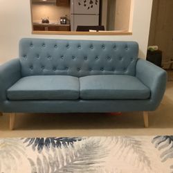 Mid Century Love Seat, Blue. 
