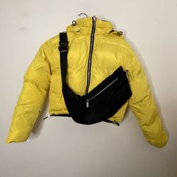 Maniere De Voir Reversible Bomber Jacket With Removable Bag And Hoodie Black And Yellow