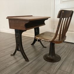 Antique Cast Iron Wood Kenney Brothers & Wolkins Child Adjustable School  Desk Chair Boston MA #1&2