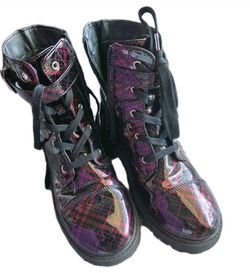 Jessica Simpson Plaid Patent Boots Kids Size 3 Red Black 1" Heel Lace Up Gift
