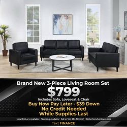 3-Piece Black Faux Leather Living Room Set