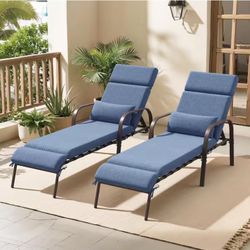 2-Piece Adjustable Metal Outdoor Chaise Lounge with Dark Blue Cushion 5-Positions Including Flat Backrest for Poolside