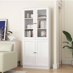 😀 5 Tiers Tall Bookshelf with Glass Doors, Wooden Bookcase Display Cabinet with Adjustable Shelf, Modern Storage Cabinet