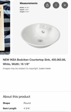 NEW IKEA 16inch Bodviken Countertop Sink bathroom sink – White (Brand New in Box)