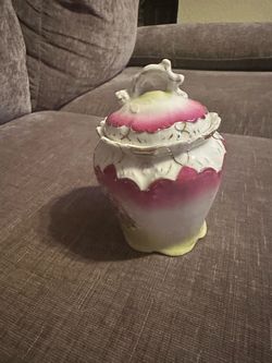 Antique Victorian Porcelain Biscuit Jar Lidded Sugar Bowl Pink Floral RS Prussia Style - 6.5"