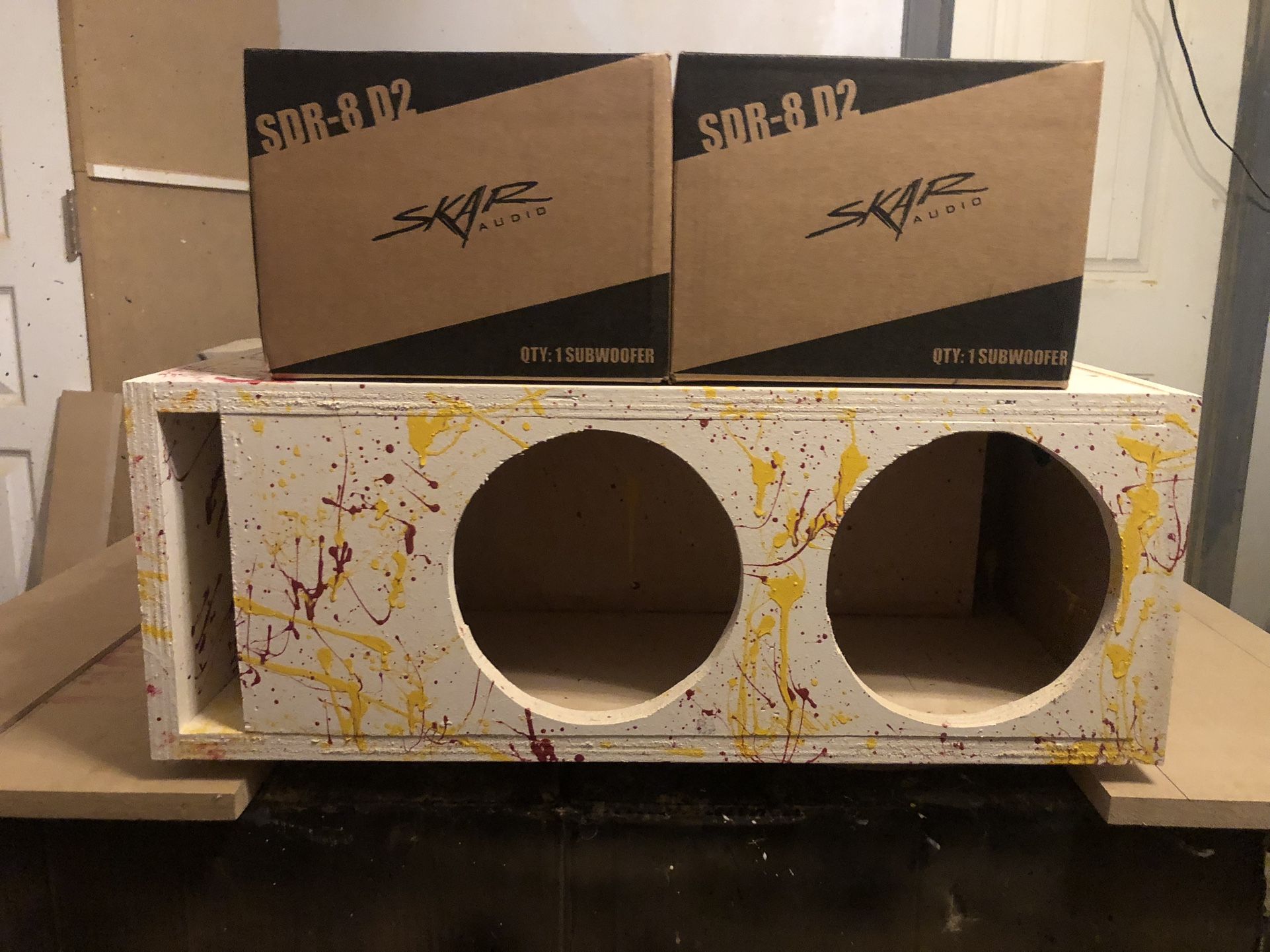 Two 8 inch Subwoofers..SDR SKAR.. Custom built ported box //All Brand New// Tuned 35 hrz.. Brand new Sub Box brand new Subs