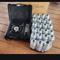 1 Hercules brand Butane Outdoor Cook Stovetop in a Case, 24 New Sterno Brand Butane Fuel Cartridges, 1 Sterilite Storage Bin. An 8-Piece Stanley Cookw